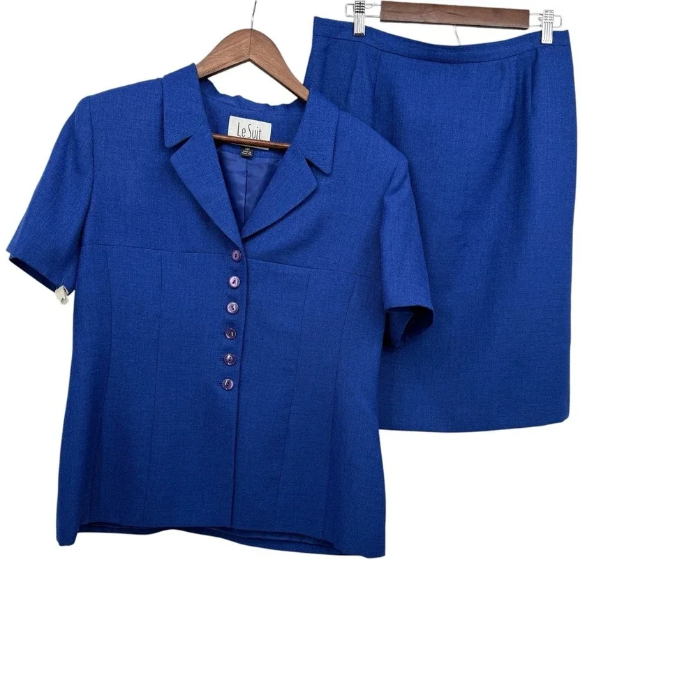 Le Suit Petite 14P Blue 2‎ Pc Skirt Suit Set Career Office Lined Short Sleeve